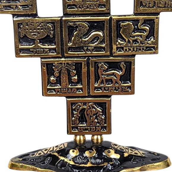 Vintage Goldtone Astrological Candelabra: Black Enamel Zodiac Candle Holder - Picture 2 of 9